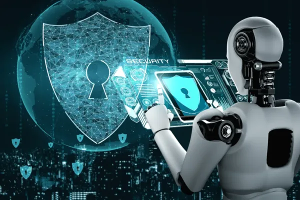 AI robot using cyber security to protect information privacy . Futuristic concept of cybercrime prevention by artificial intelligence and machine learning process . 3D rendering illustration .